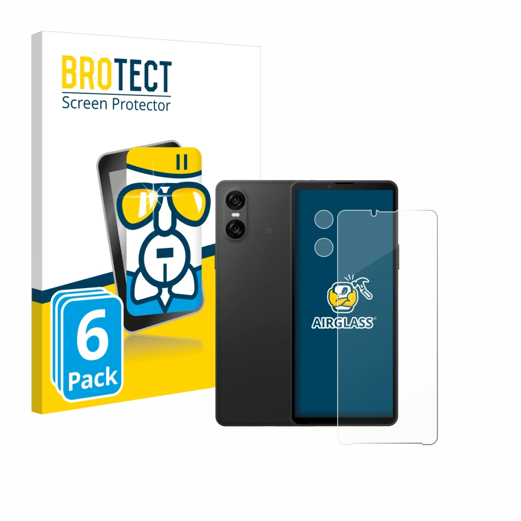 Front side of a product packaging with the brand logo BROTECT. Next to it is the device Sony Xperia 10 VI (Front+Camera) shown