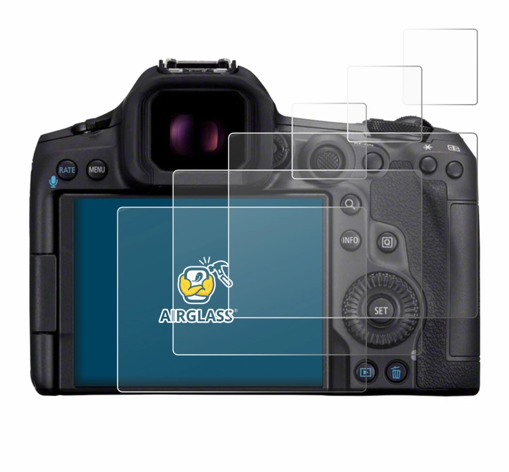 Image of the device Canon EOS R5 Mark II with a wide variety of screen protectors.