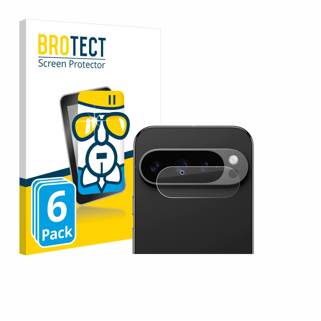 Front side of a product packaging with the brand logo BROTECT. Next to it is the device Google Pixel 9 Pro (ONLY Camera Lens) 