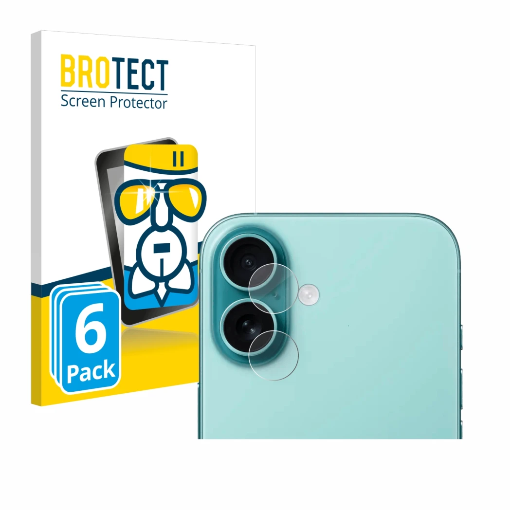 Front side of a product packaging with the brand logo BROTECT. Next to it is the device Apple iPhone 16 (ONLY Camera Lens) sho