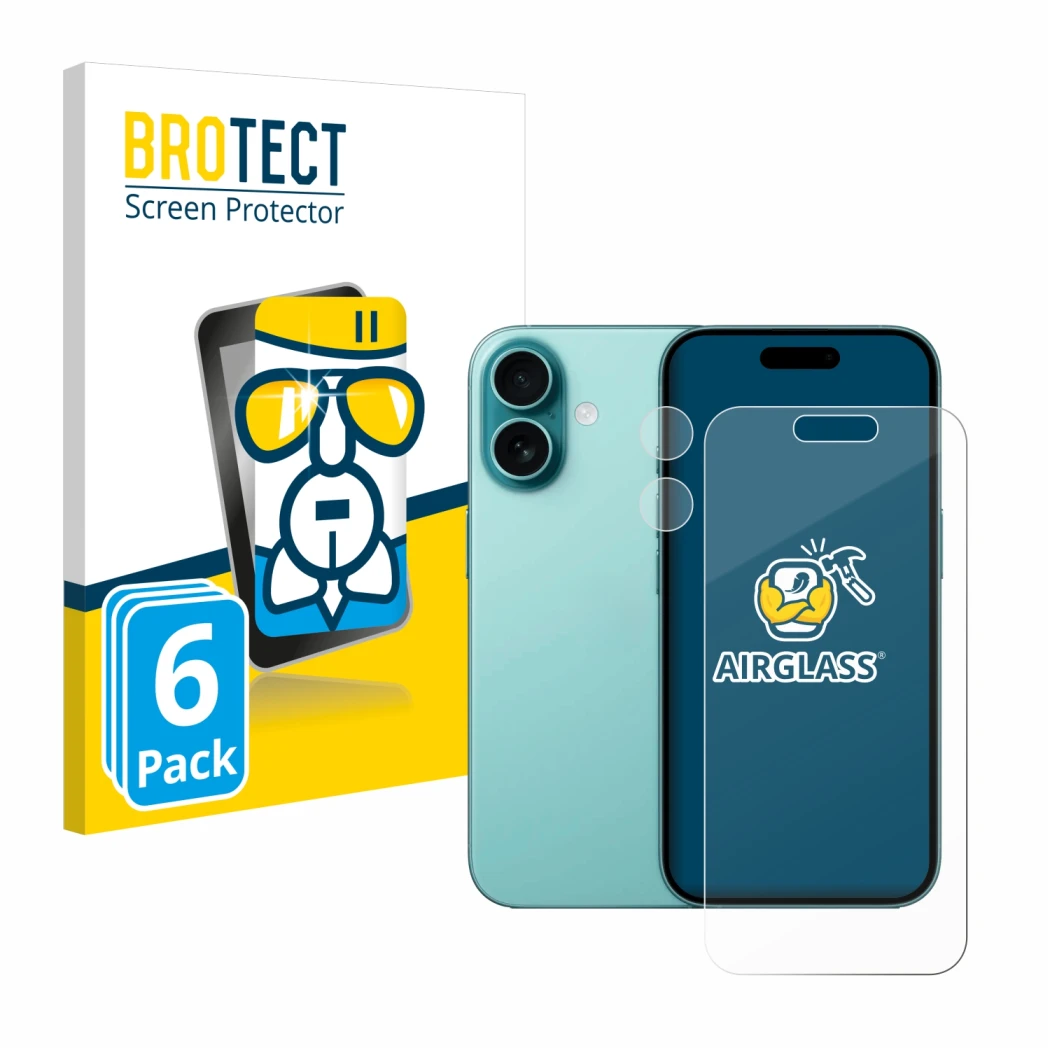 Front side of a product packaging with the brand logo BROTECT. Next to it is the device Apple iPhone 16 (Front+Camera) shown w