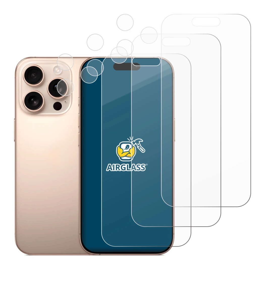 Image of the device Apple iPhone 16 Pro (Front+Camera) with a wide variety of screen protectors.