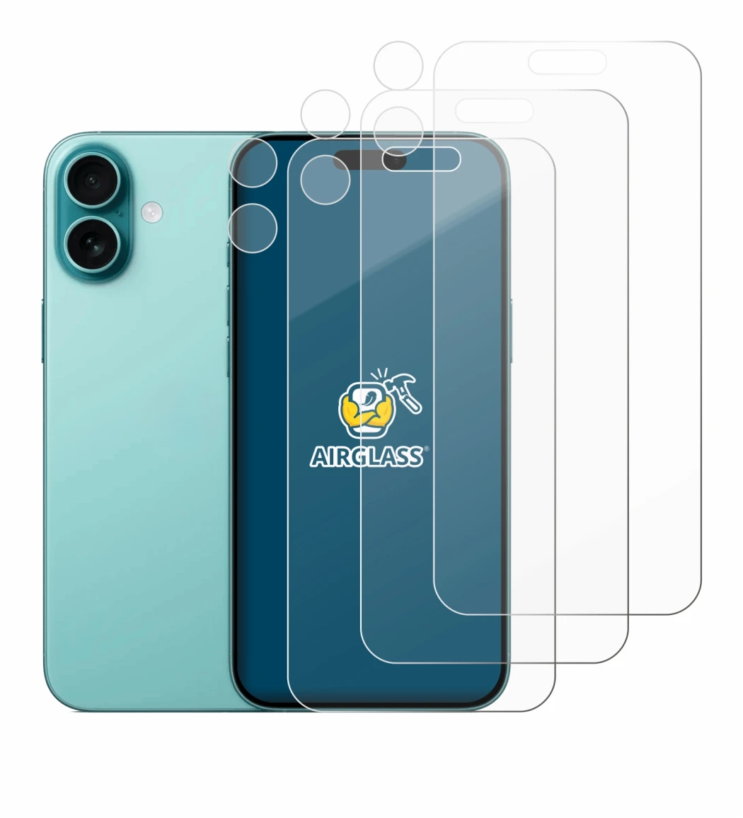 Image of the device Apple iPhone 16 Plus (Front+Camera) with a wide variety of screen protectors.