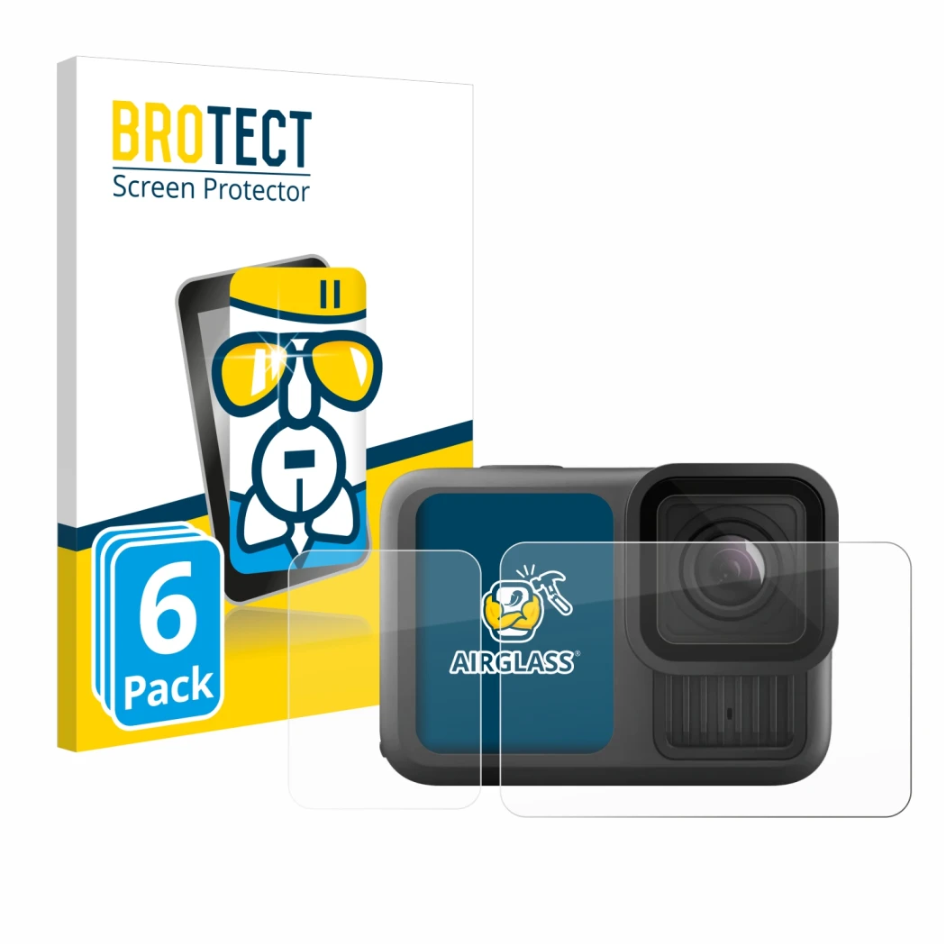 Front side of a product packaging with the brand logo BROTECT. Next to it is the device GoPro Hero 13 Black shown with the cor