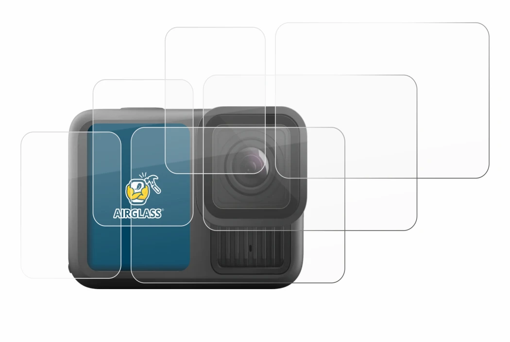 Image of the device GoPro Hero 13 Black with a wide variety of screen protectors.