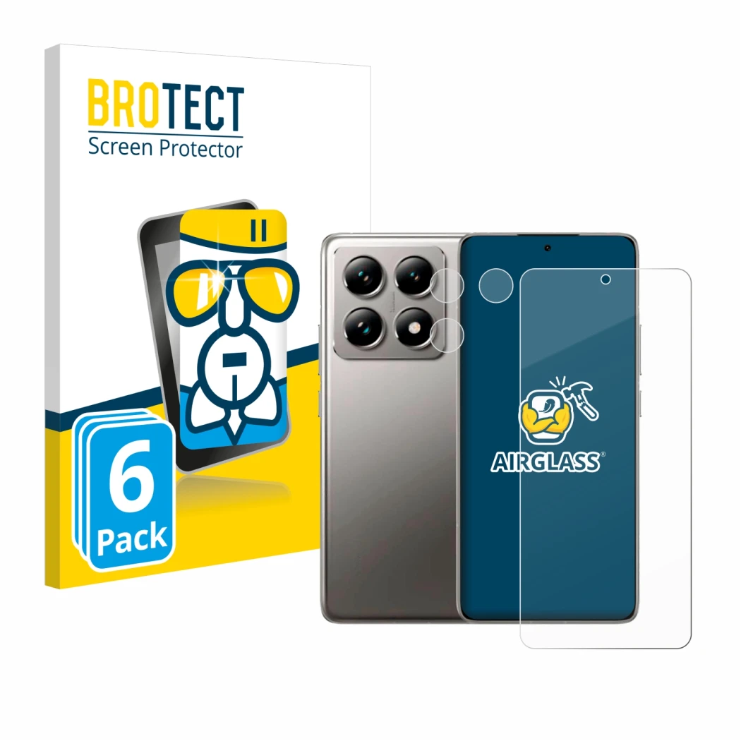 Front side of a product packaging with the brand logo BROTECT. Next to it is the device Xiaomi 14T (Front+Camera) shown with t