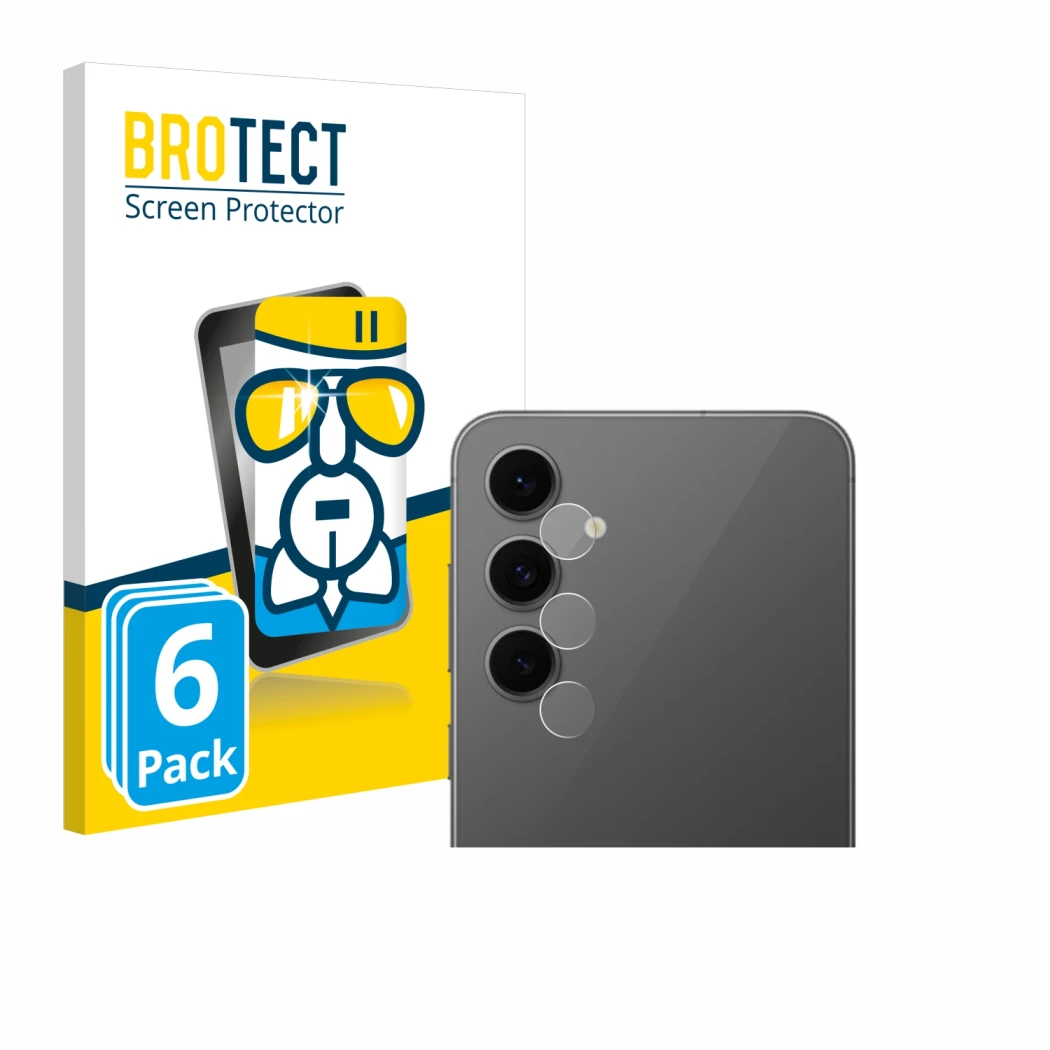 Front side of a product packaging with the brand logo BROTECT. Next to it is the device Samsung Galaxy S24 FE (ONLY Camera Len