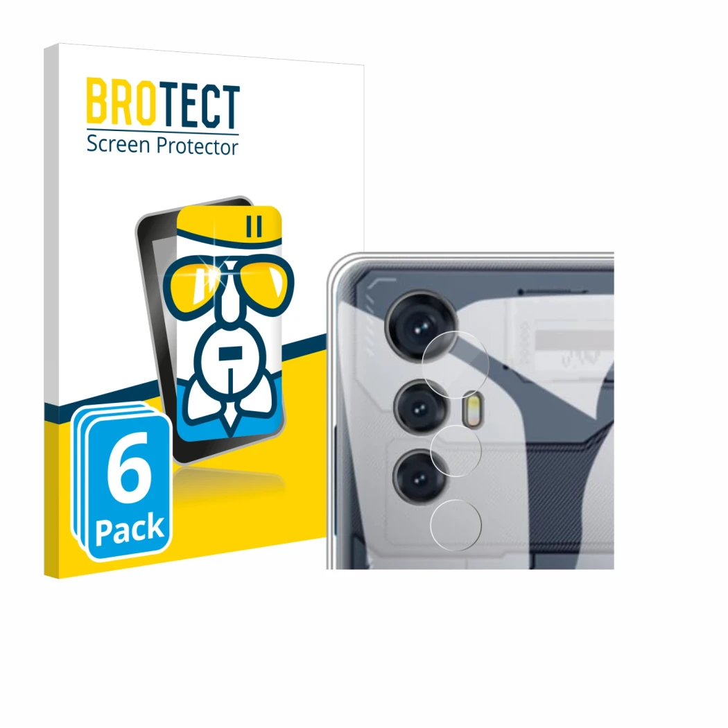 Front side of a product packaging with the brand logo BROTECT. Next to it is the device Cubot Max 5 (ONLY Camera) shown with t