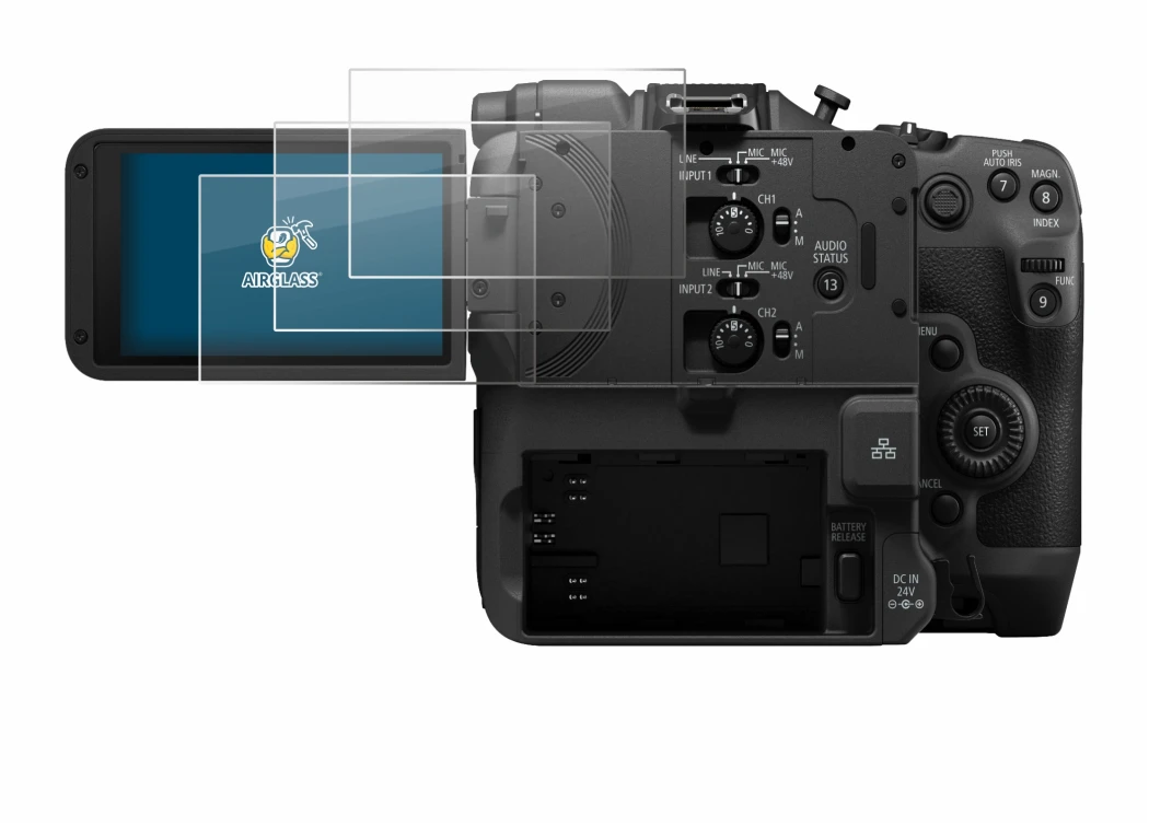 Image of the device Canon EOS C400 with a wide variety of screen protectors.