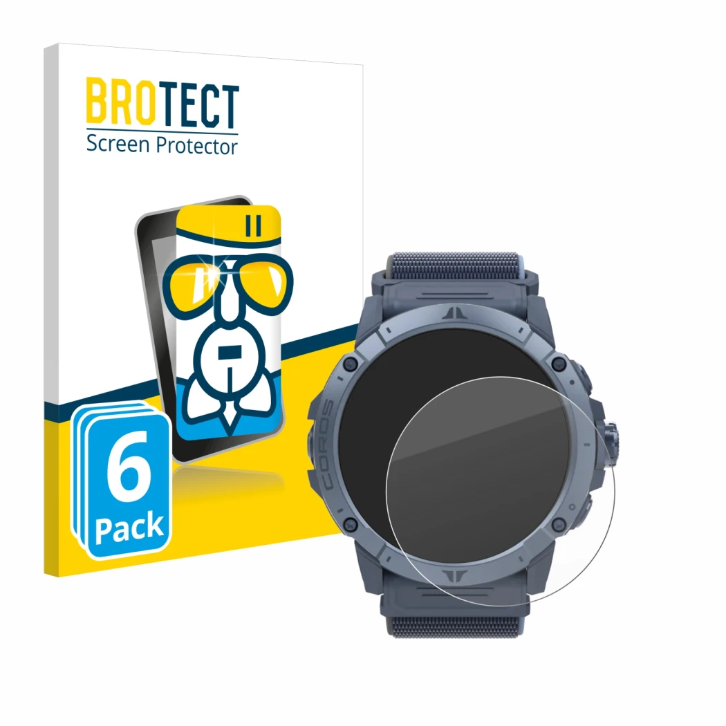 Front side of a product packaging with the brand logo BROTECT. Next to it is the device Coros Vertix 2S shown with the corresp