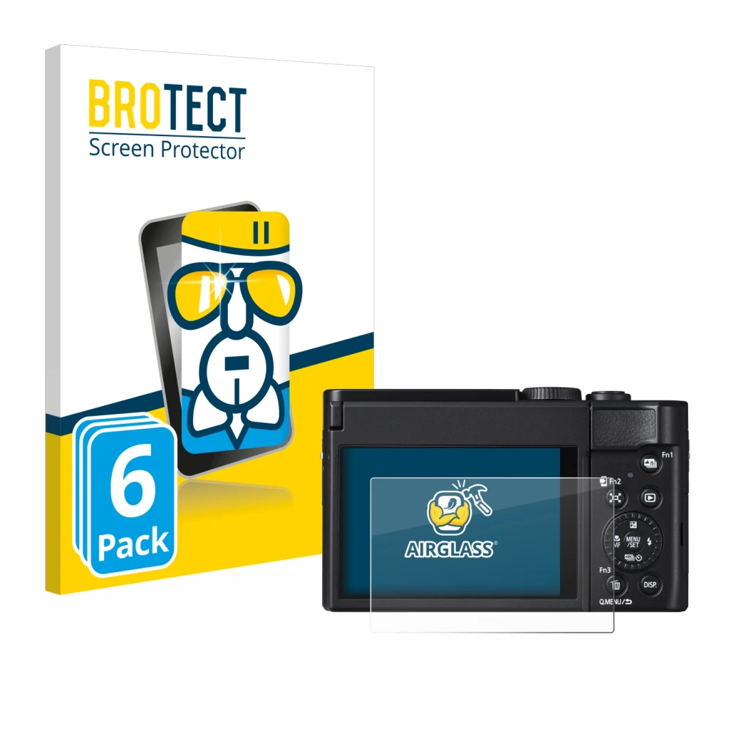 Front side of a product packaging with the brand logo BROTECT. Next to it is the device Panasonic Lumix DC-TZ99 shown with the