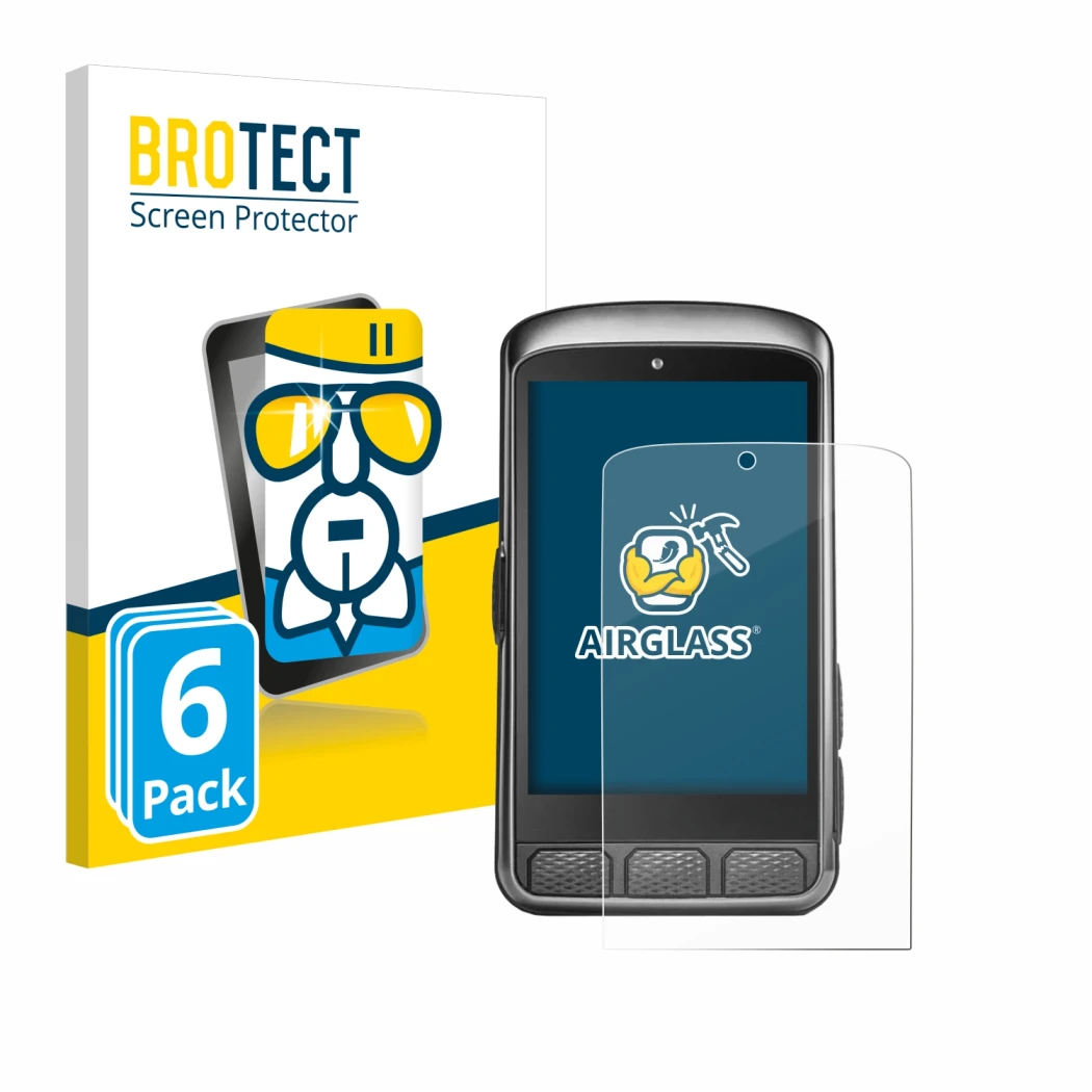 Front side of a product packaging with the brand logo BROTECT. Next to it is the device Wahoo Elemnt ACE shown with the corres