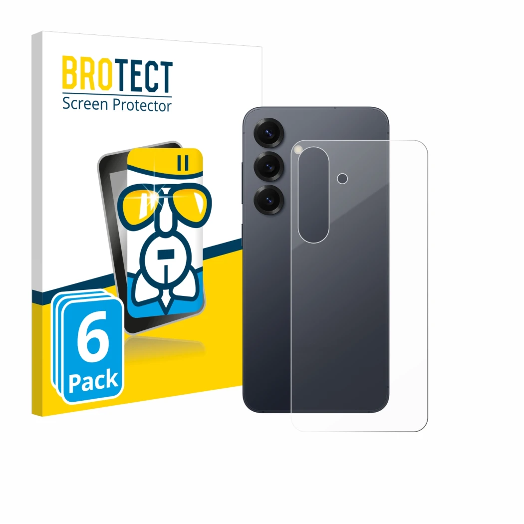Front side of a product packaging with the brand logo BROTECT. Next to it is the device Samsung Galaxy S25 (Back) shown with t