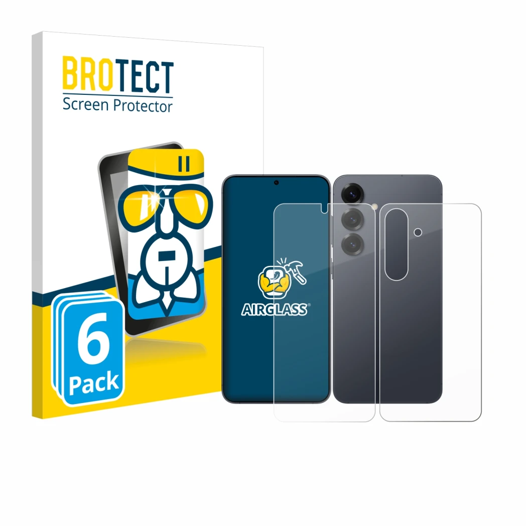 Front side of a product packaging with the brand logo BROTECT. Next to it is the device Samsung Galaxy S25 (Front+Back) shown 