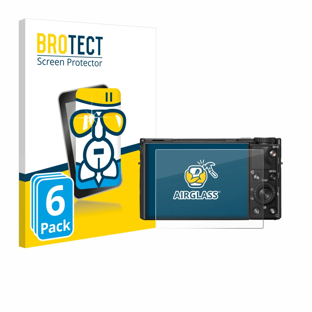 Front side of a product packaging with the brand logo BROTECT. Next to it is the device Sony Cyber-Shot DSC-RX100 VIIA shown w