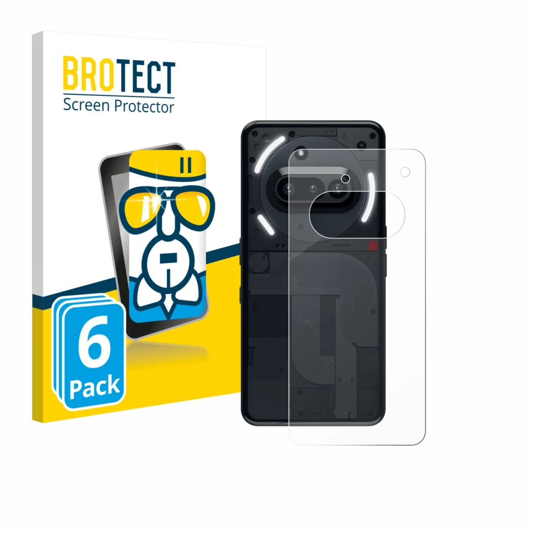 Front side of a product packaging with the brand logo BROTECT. Next to it is the device Nothing Phone (3a) (Back) shown with t