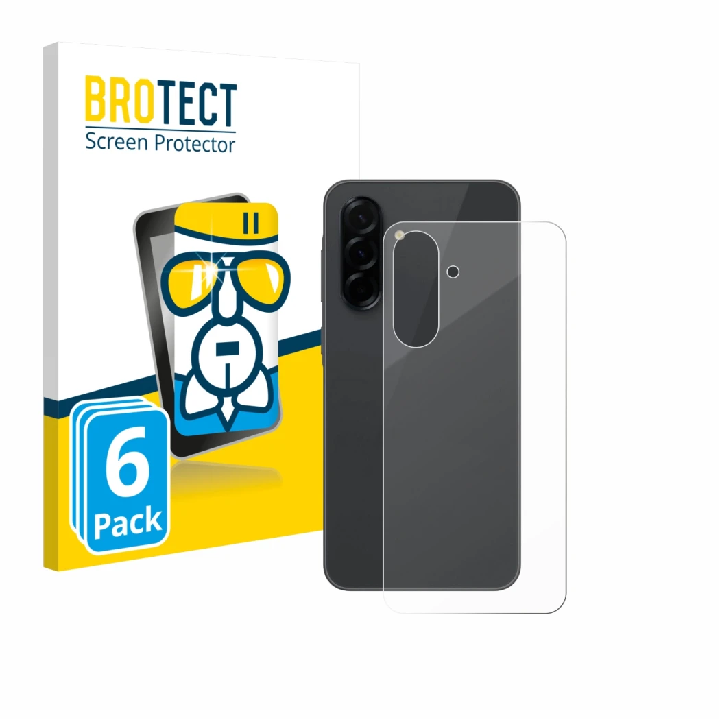 Front side of a product packaging with the brand logo BROTECT. Next to it is the device Samsung Galaxy A36 5G (Back) shown wit