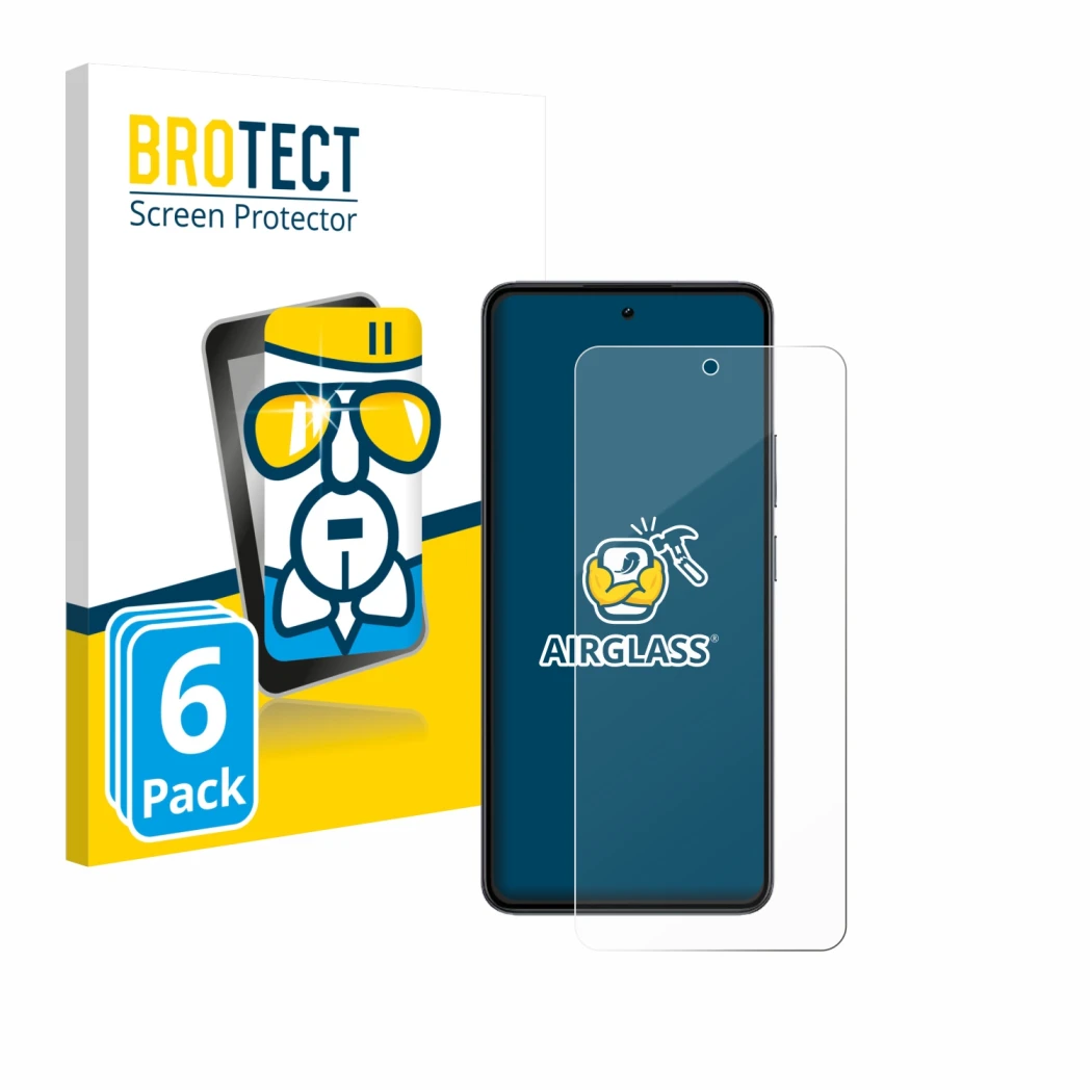 Front side of a product packaging with the brand logo BROTECT. Next to it is the device realme 14 shown with the corresponding