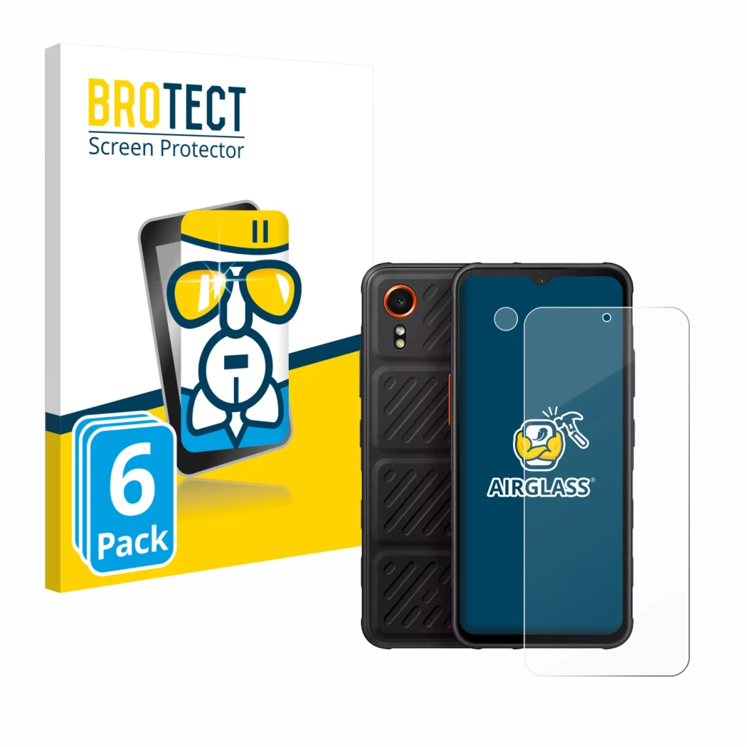 Front side of a product packaging with the brand logo BROTECT. Next to it is the device Samsung Galaxy XCover 7 Enterprise Edi