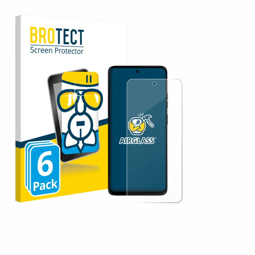 Front side of a product packaging with the brand logo BROTECT. Next to it is the device Motorola Moto G56 shown with the corre