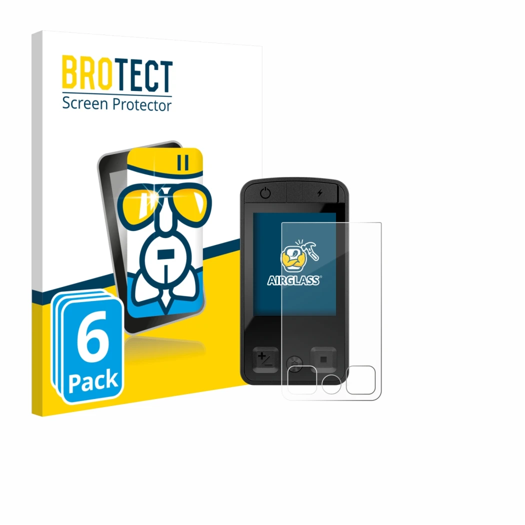 Front side of a product packaging with the brand logo BROTECT. Next to it is the device Bosch Kiox 400C shown with the corresp