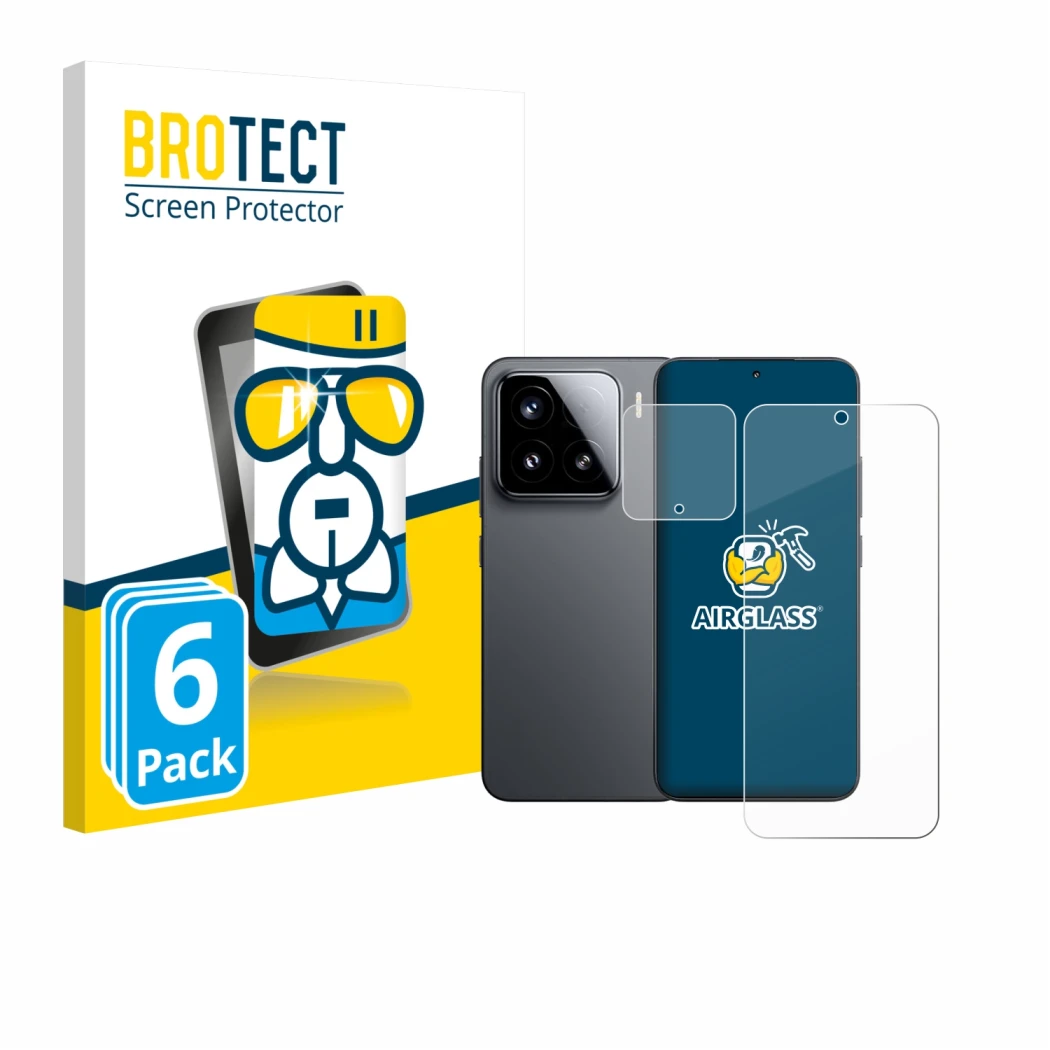 Front side of a product packaging with the brand logo BROTECT. Next to it is the device Xiaomi 15 (Front+Camera) shown with th