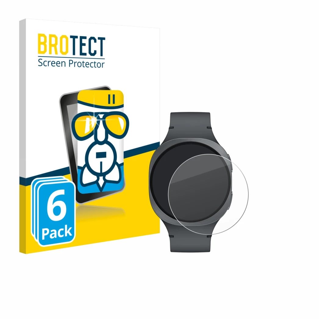 Front side of a product packaging with the brand logo BROTECT. Next to it is the device Samsung Galaxy Watch 8 (40 mm) shown w