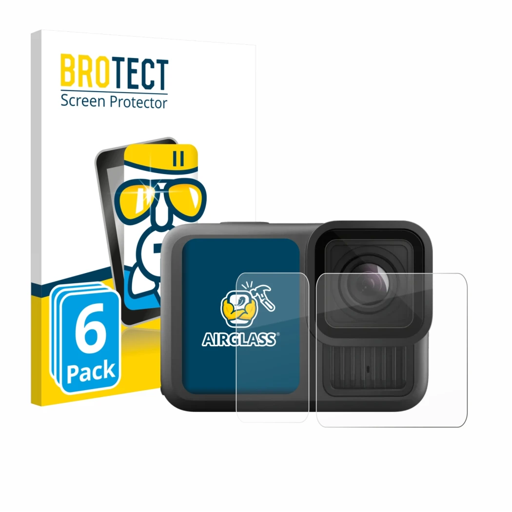 Front side of a product packaging with the brand logo BROTECT. Next to it is the device GoPro Hero 13 Black Ultra Wide Edition