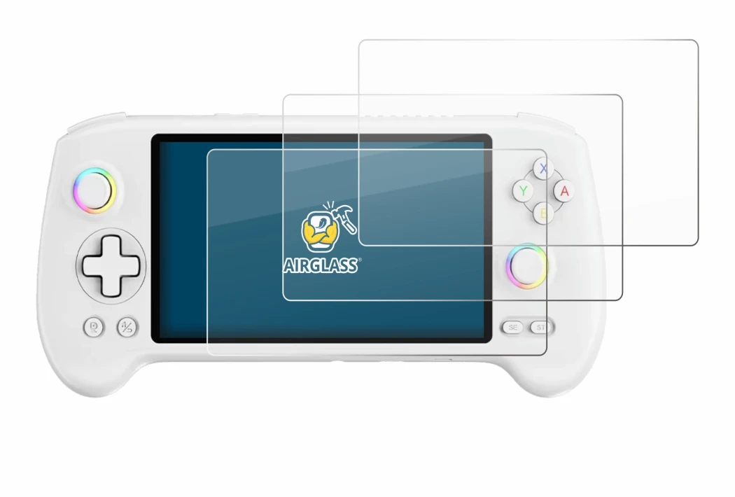 Image of the device Anbernic RG557 with a wide variety of screen protectors.