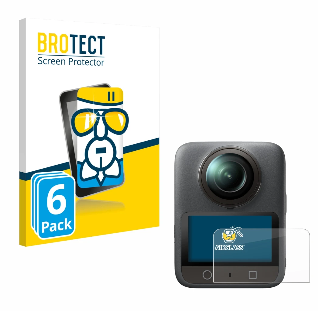 Front side of a product packaging with the brand logo BROTECT. Next to it is the device DJI Osmo 360 shown with the correspond