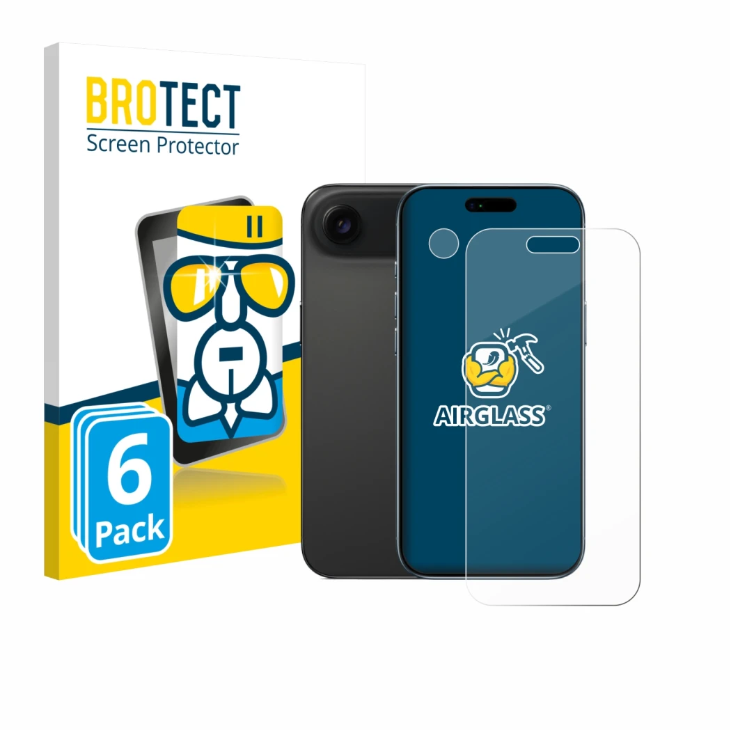 Front side of a product packaging with the brand logo BROTECT. Next to it is the device Apple iPhone Air (Front+Camera) shown 