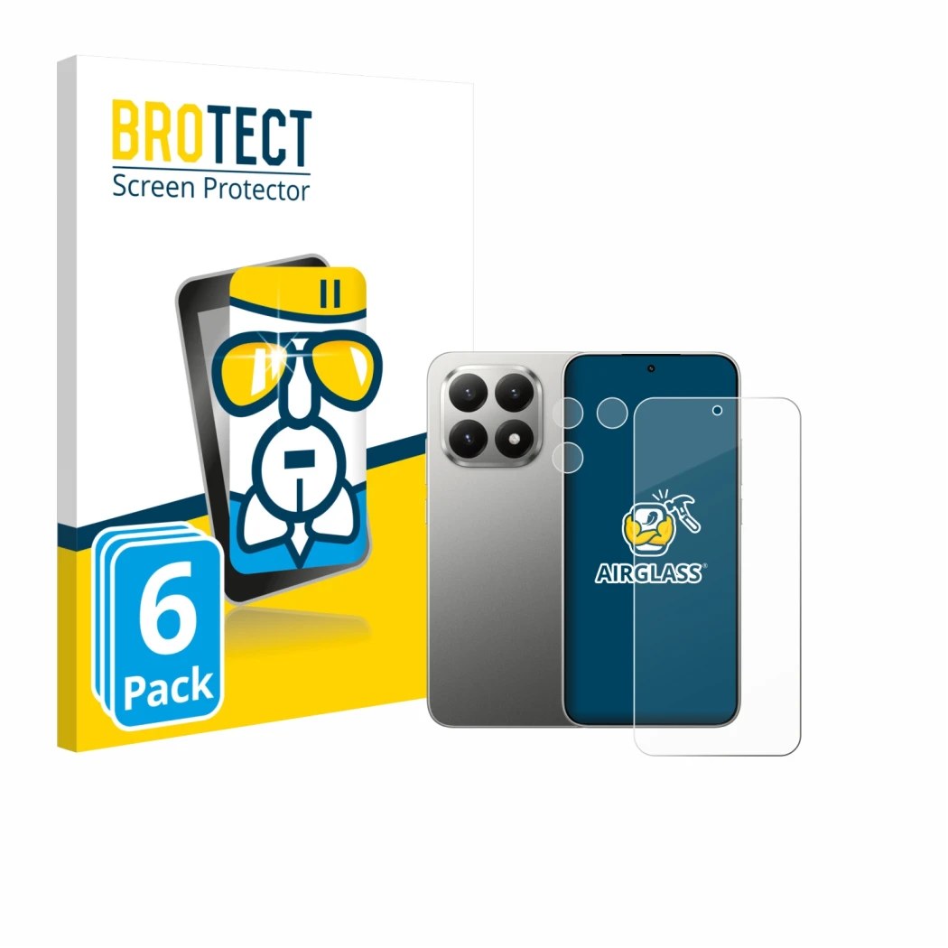 Front side of a product packaging with the brand logo BROTECT. Next to it is the device Xiaomi 15T (Front+Camera) shown with t