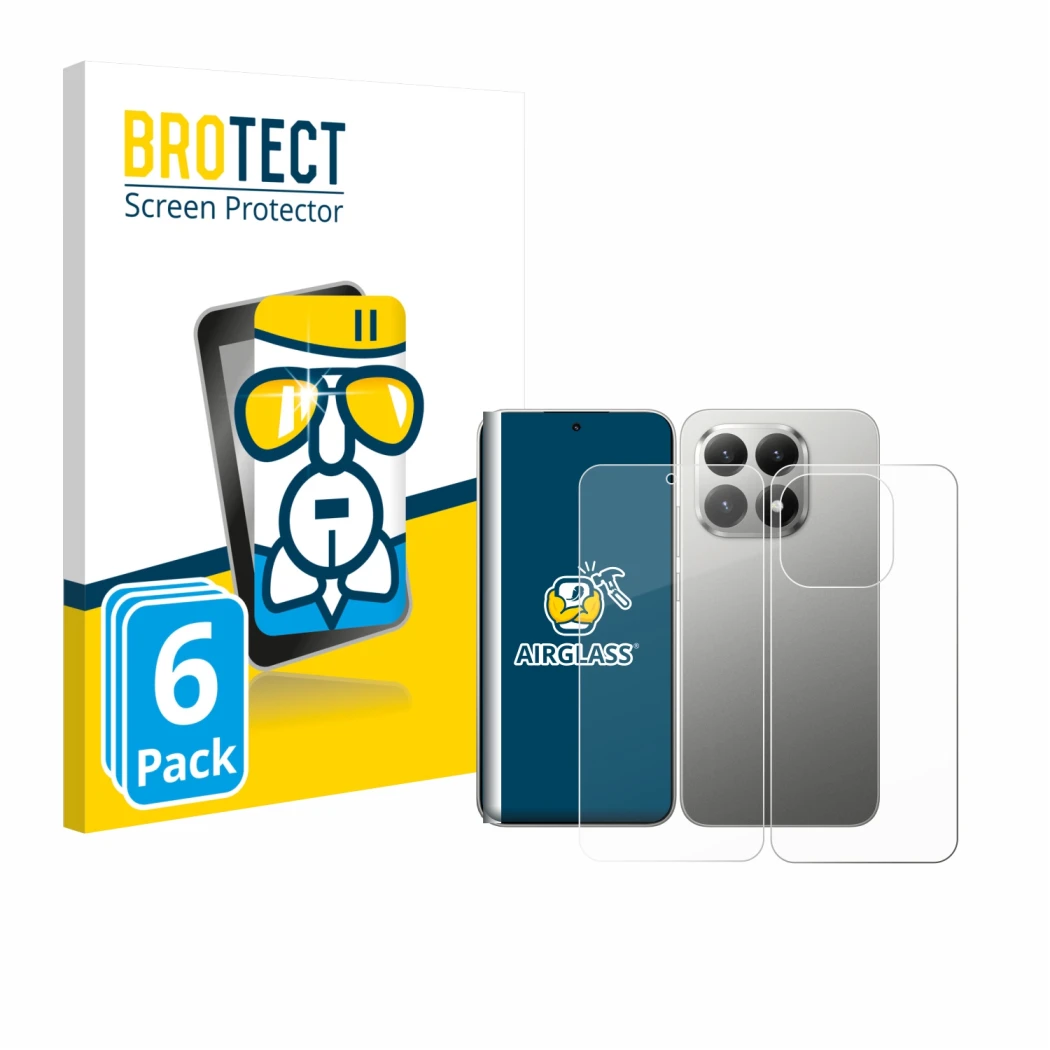 Front side of a product packaging with the brand logo BROTECT. Next to it is the device Xiaomi 15T (Front+Back) shown with the