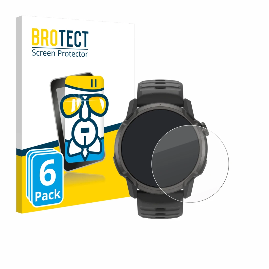 Front side of a product packaging with the brand logo BROTECT. Next to it is the device Coros Apex 4 (42 mm) shown with the co