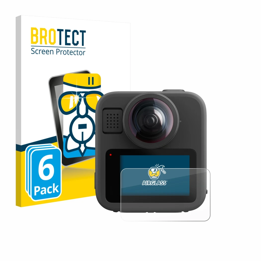 Front side of a product packaging with the brand logo BROTECT. Next to it is the device GoPro Max 2 shown with the correspondi