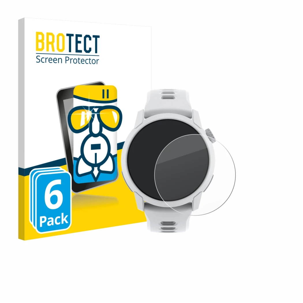 Front side of a product packaging with the brand logo BROTECT. Next to it is the device Coros Pace 4 shown with the correspond