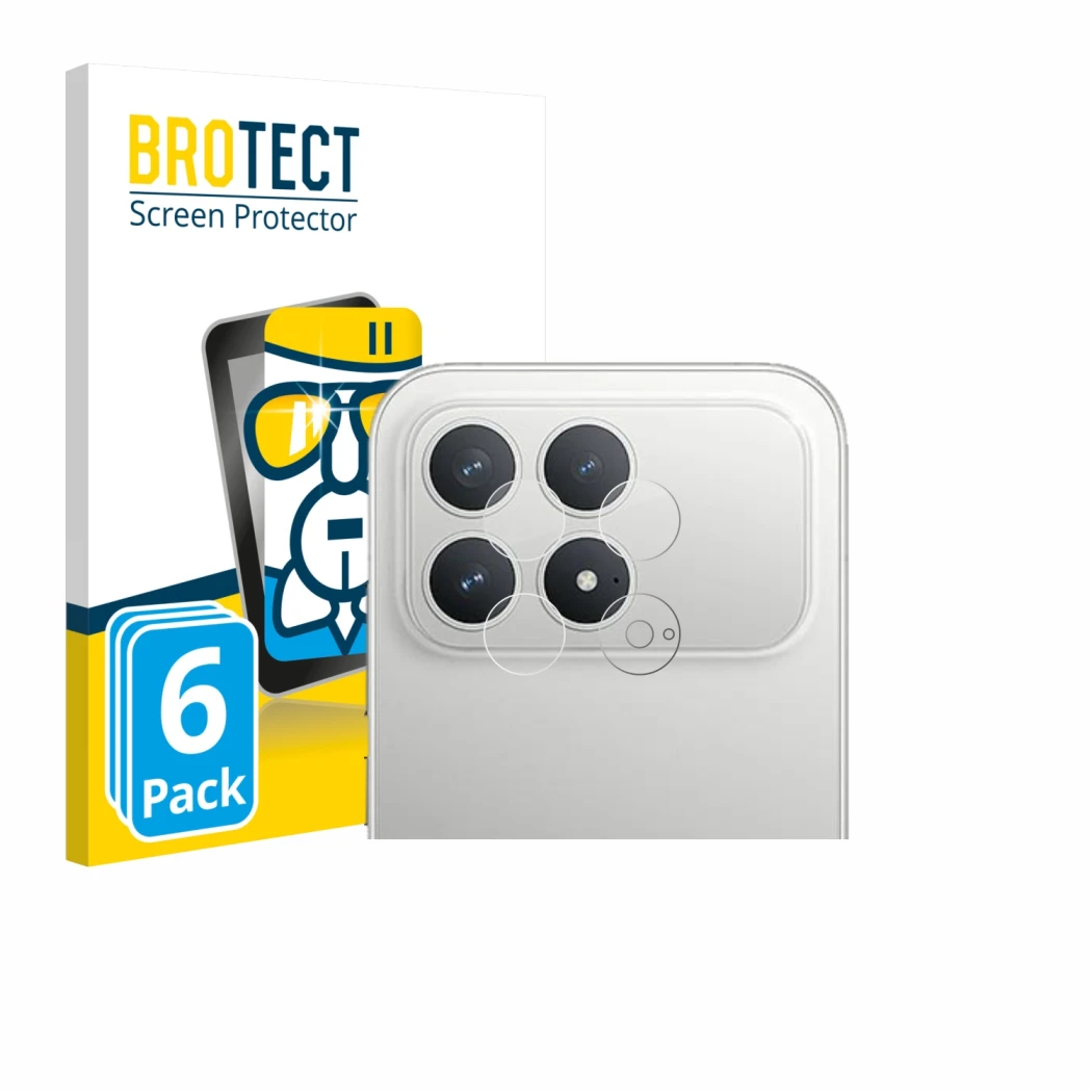 Front side of a product packaging with the brand logo BROTECT. Next to it is the device Xiaomi Poco F8 Pro (ONLY Camera Lens) 