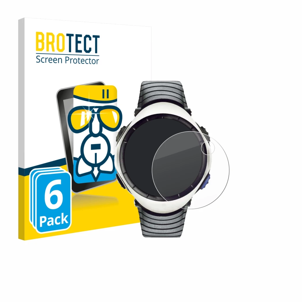 Front side of a product packaging with the brand logo BROTECT. Next to it is the device Suunto Regatta shown with the correspo