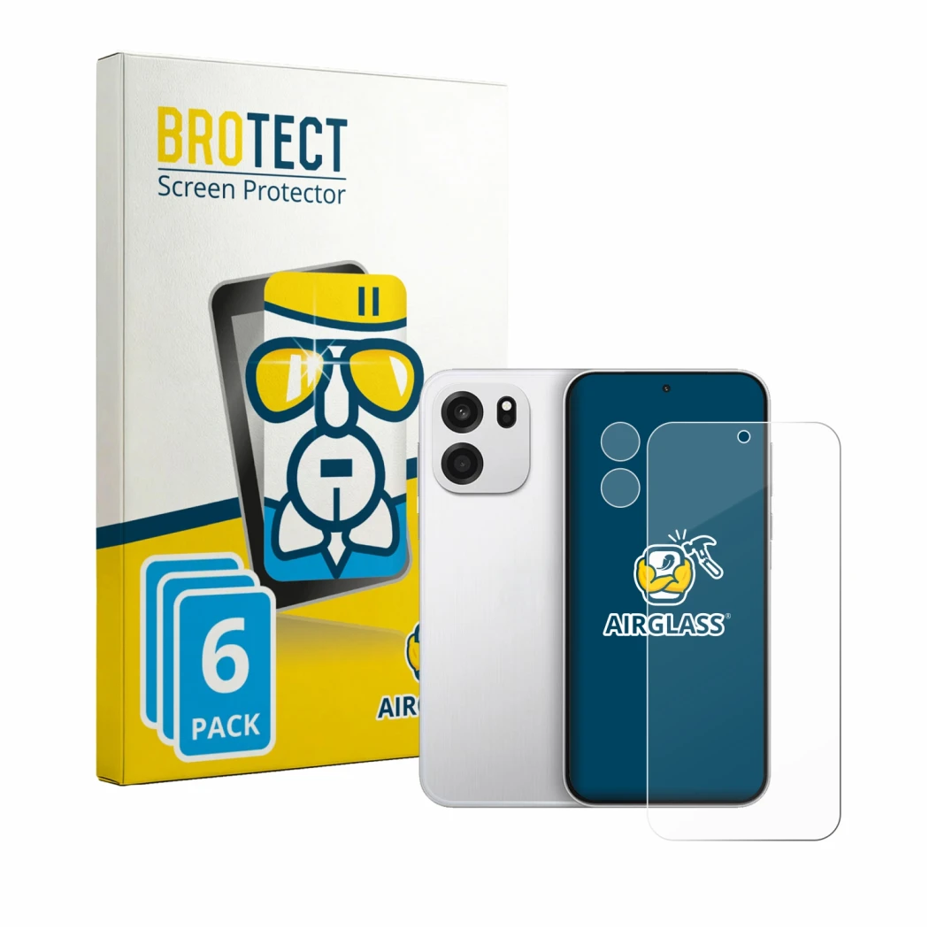 Front side of a product packaging with the brand logo BROTECT. Next to it is the device OnePlus Turbo 6V (Front+Camera) shown