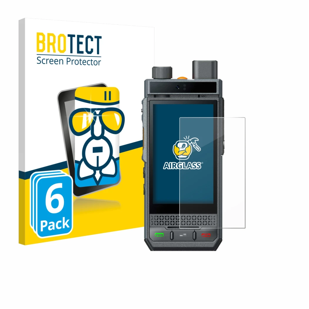 Front side of a product packaging with the brand logo BROTECT. Next to it is the device Hytera P60 shown with the correspondin