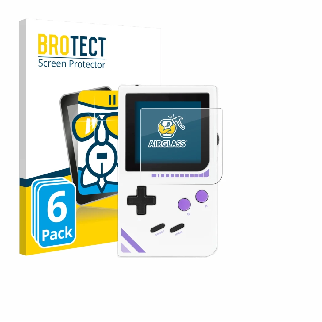 Front side of a product packaging with the brand logo BROTECT. Next to it is the device Modretro Chromatic shown with the corr