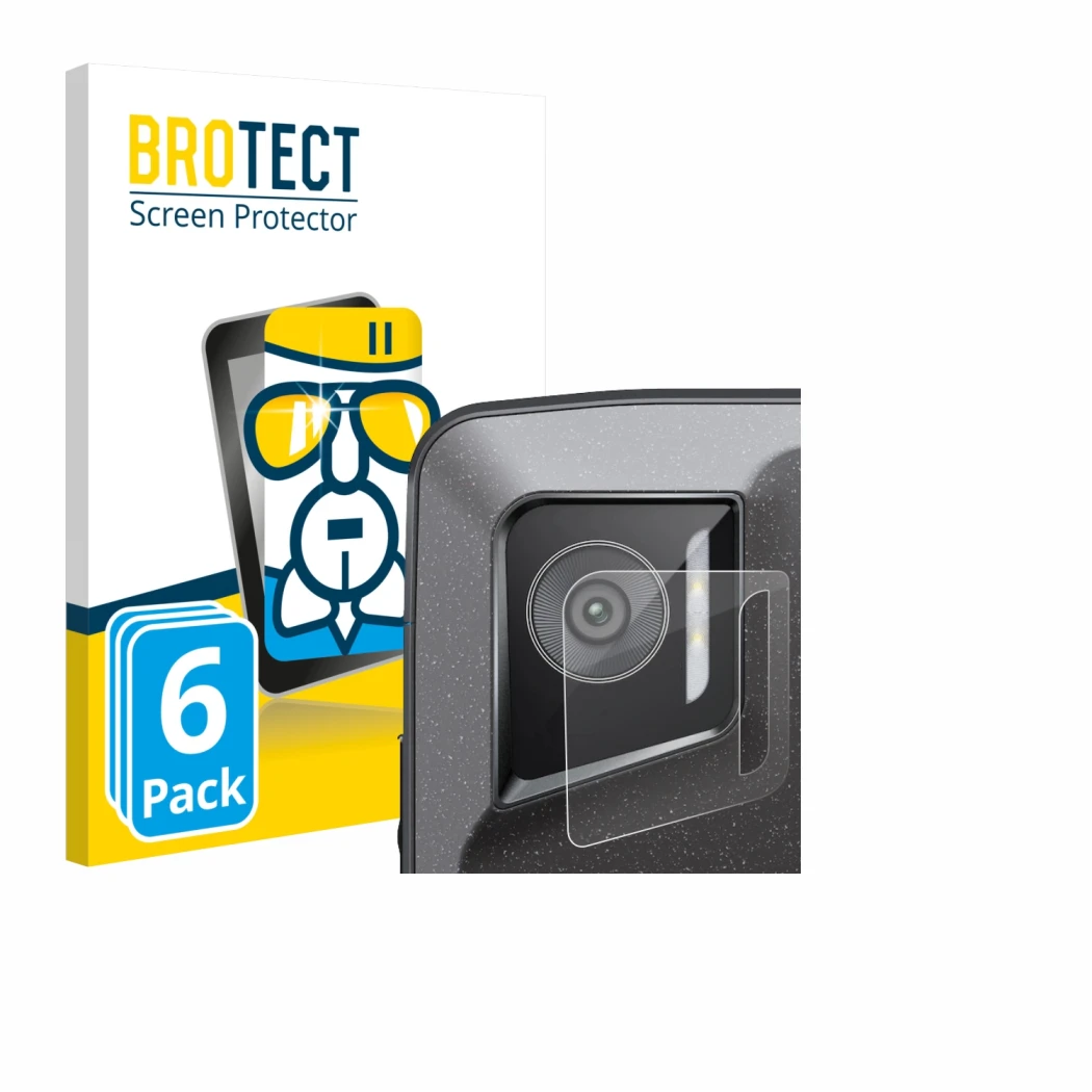 Front side of a product packaging with the brand logo BROTECT. Next to it is the device Crosscall Stellar M6E (ONLY Camera Len