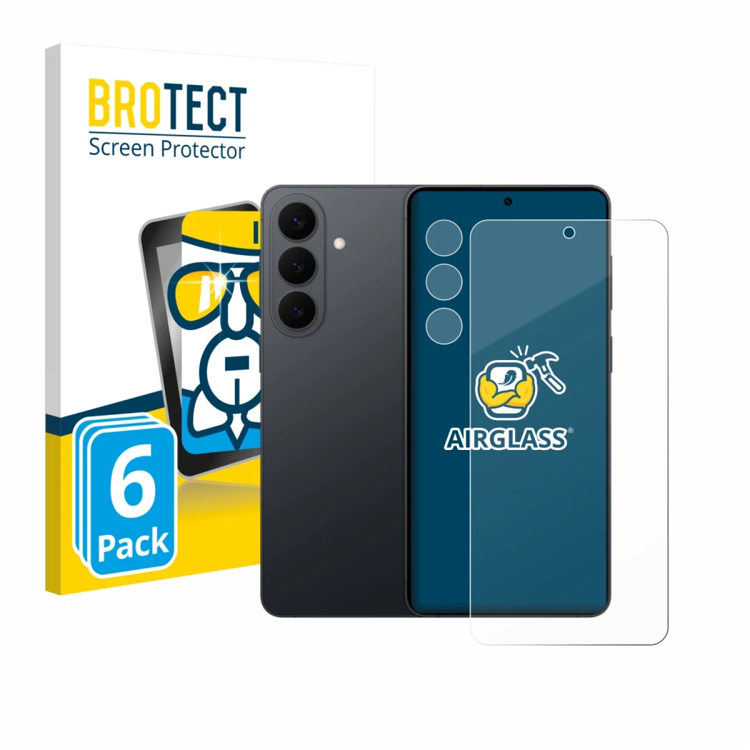 Front side of a product packaging with the brand logo BROTECT. Next to it is the device Samsung Galaxy S26 Plus (Front+Camera)
