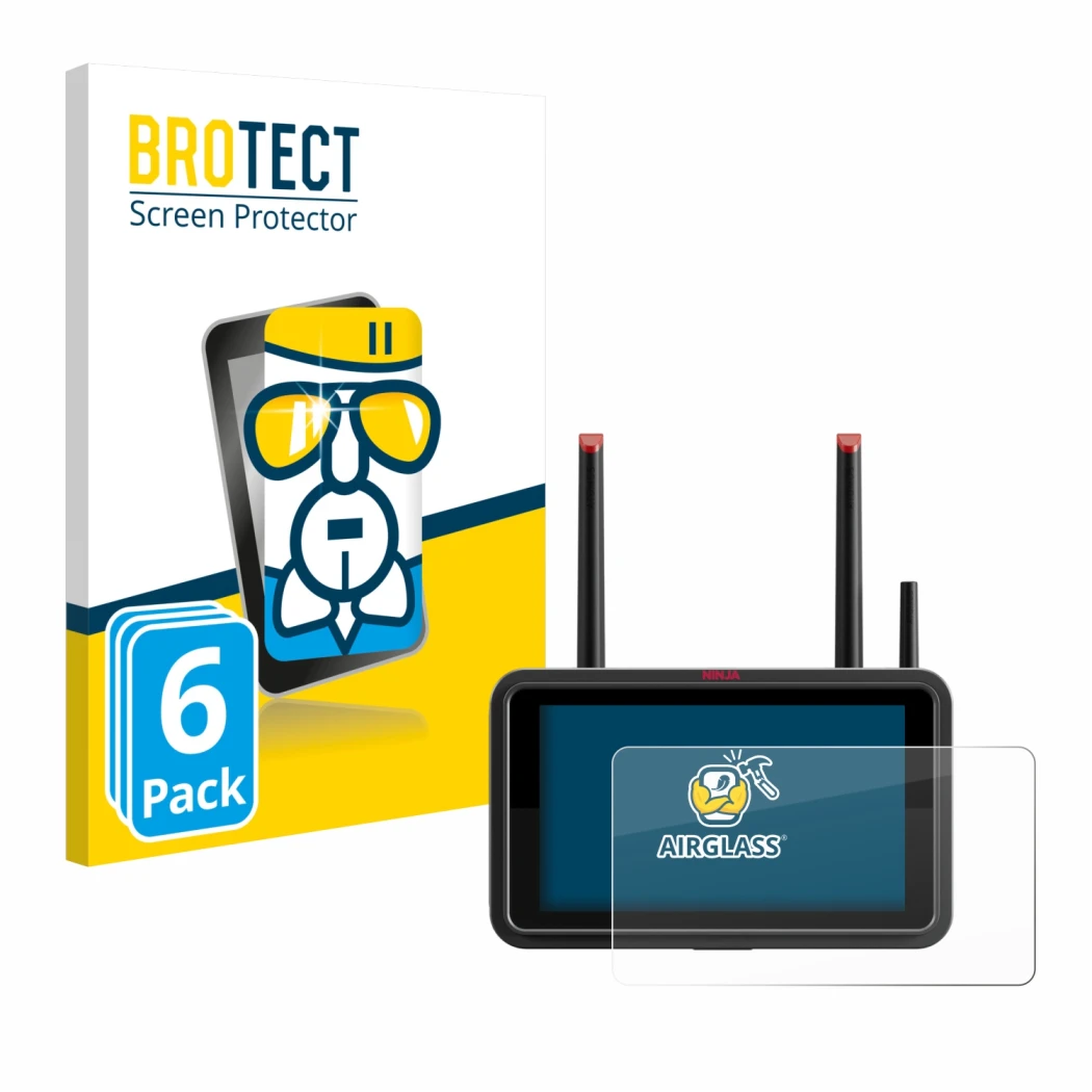 Front side of a product packaging with the brand logo BROTECT. Next to it is the device Atomos Ninja TX shown with the corresp