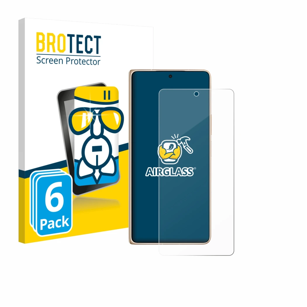 Front side of a product packaging with the brand logo BROTECT. Next to it is the device Honor Magic V6 shown with the correspo