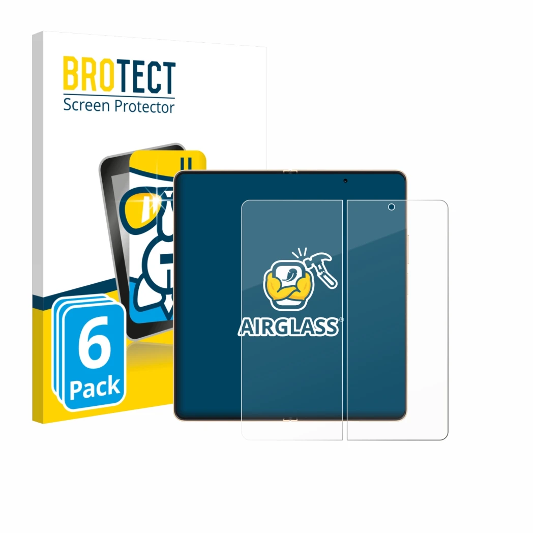 Front side of a product packaging with the brand logo BROTECT. Next to it is the device Honor Magic V6 (Inner display) shown w