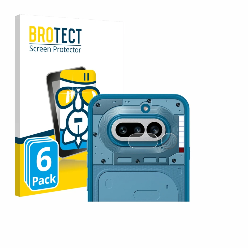 Front side of a product packaging with the brand logo BROTECT. Next to it is the device Nothing Phone (4a) (ONLY Camera Lens) 