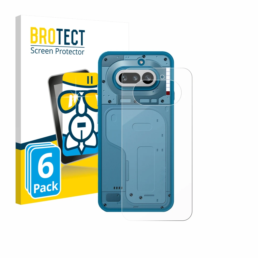 Front side of a product packaging with the brand logo BROTECT. Next to it is the device Nothing Phone (4a) (Back) shown with t