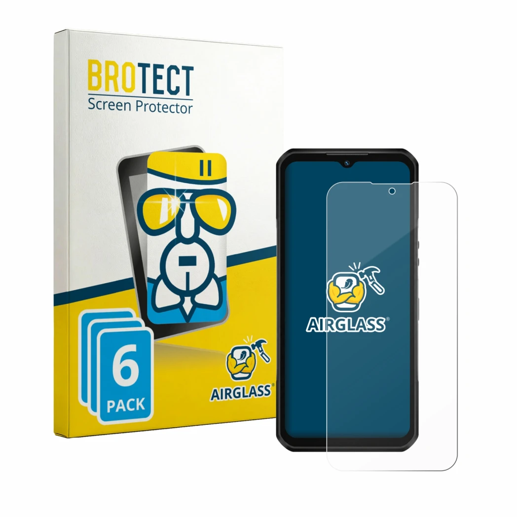 Front side of a product packaging with the brand logo BROTECT. Next to it is the device Oukitel WP66 shown with the correspond