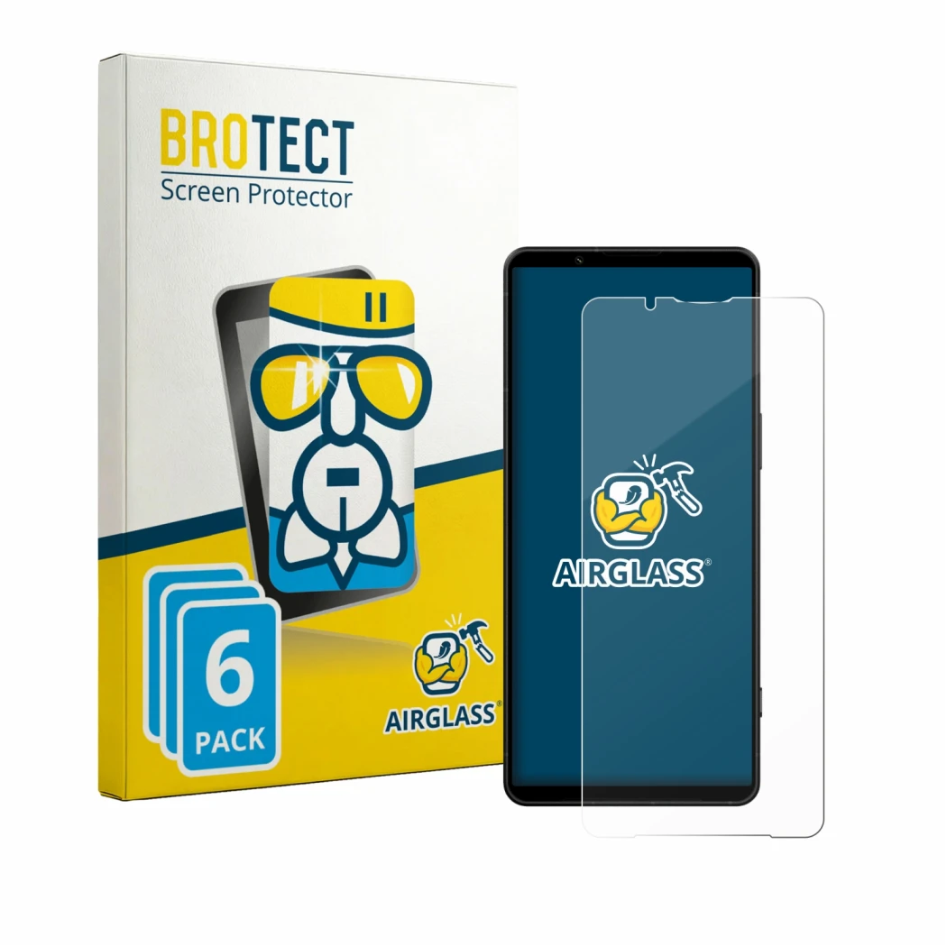 Front side of a product packaging with the brand logo BROTECT. Next to it is the device Sony Xperia 1 VIII shown with the corr